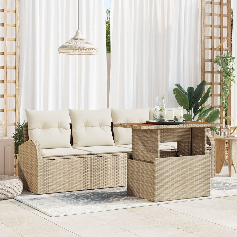 5-Delige Tuindining Set Met Kussens Beige Poly Rattan Acacia