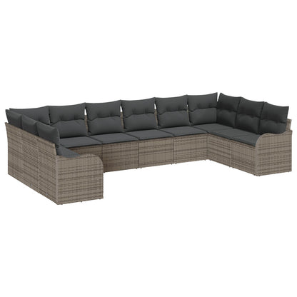 10-delige Tuin Sofa Set met Kussens Grijs Poly Riet, vidaXL 2-Persoons Tuinbank met Kussens Grijs Poly Riet