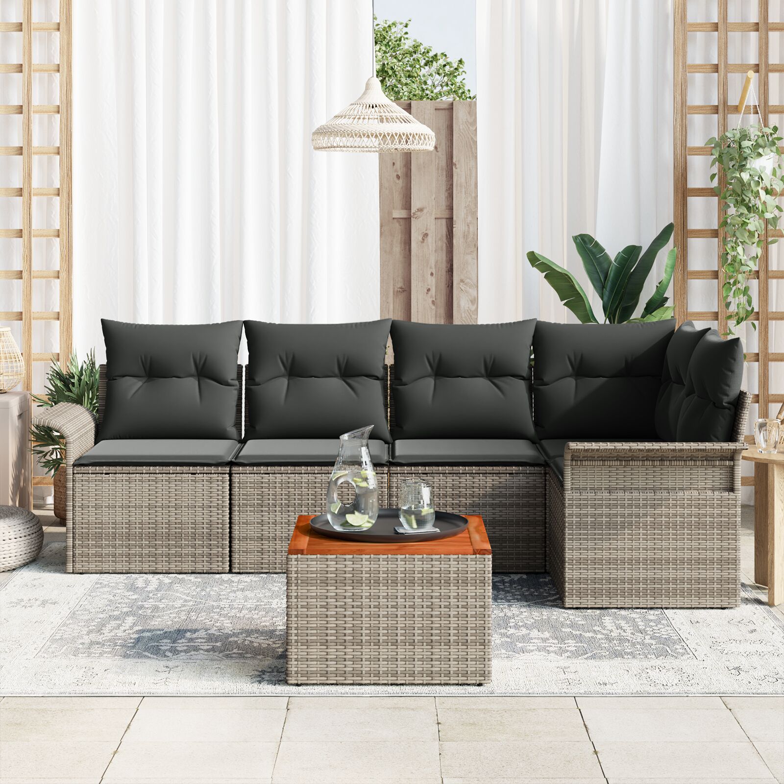6 Delige Tuin Sofa Set Met Kussens Grijs Poly Rattan Acacia