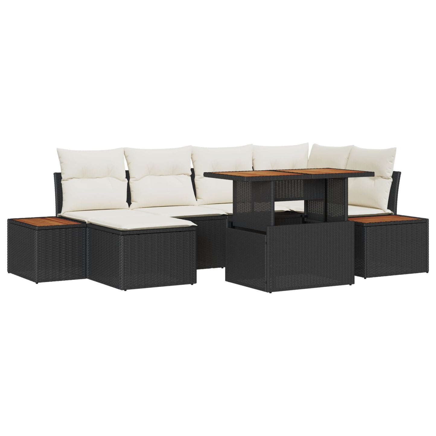 Tuinbank Set Set Van 7 Beige, Zwart Polyester, Pe Rattan, Staal