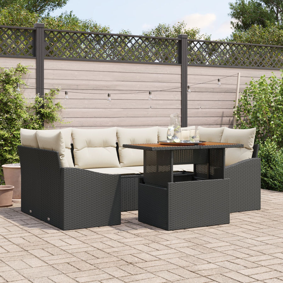 7-Delige Tuin Eetset Met Kussens Zwart Poly Rattan Acacia