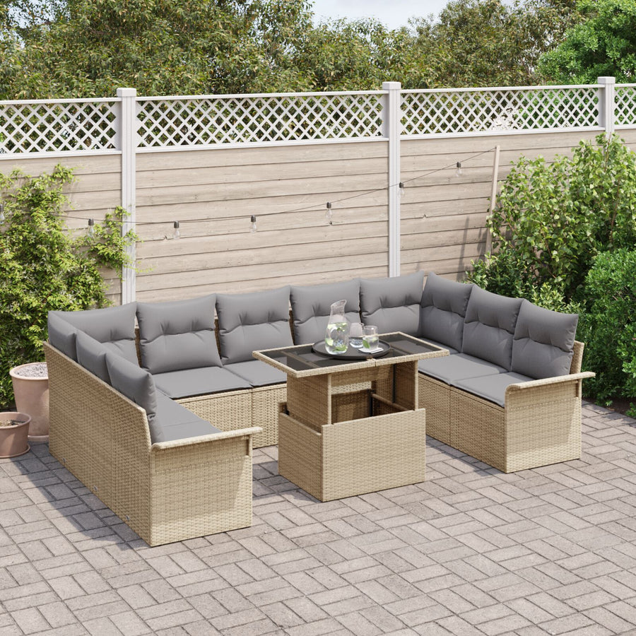 10-Delige Tuinbankset Met Kussens Beige Poly Rattan
