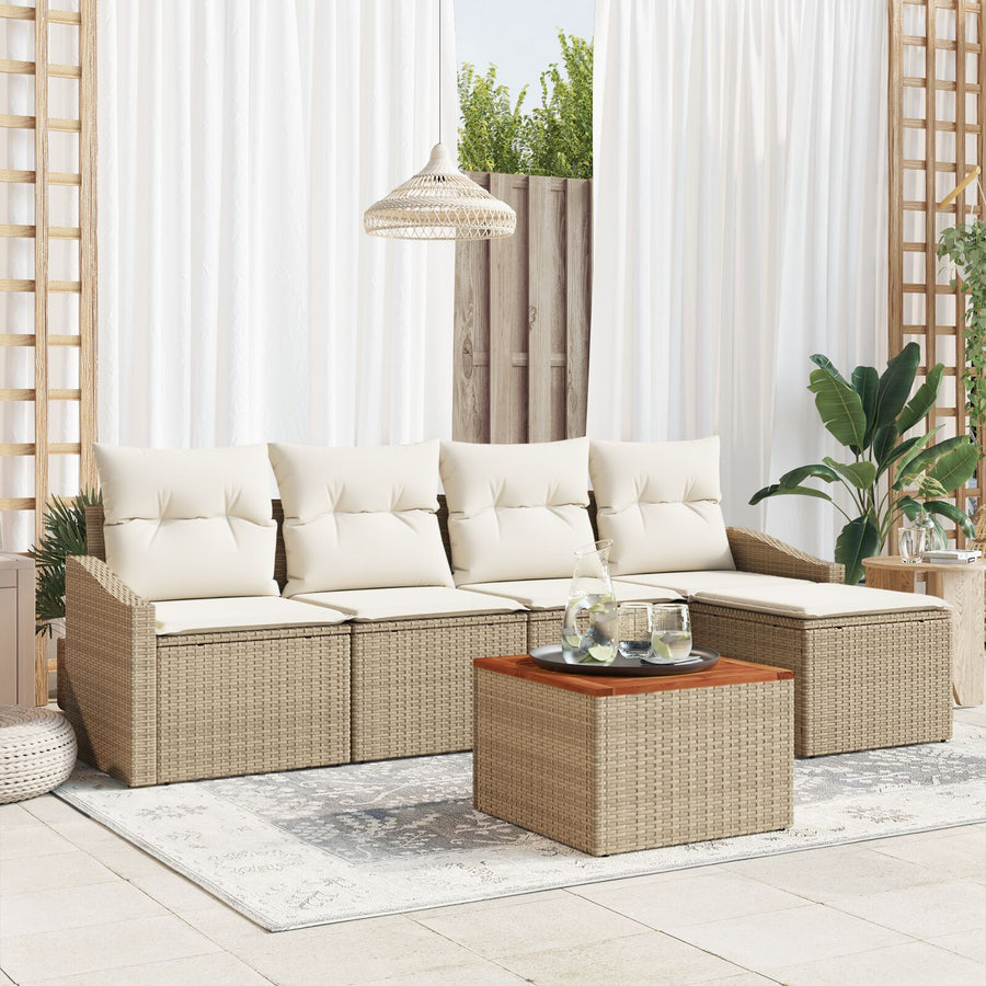 6-Delige Tuinbankset Met Kussens Beige Poly Rattan Acacia