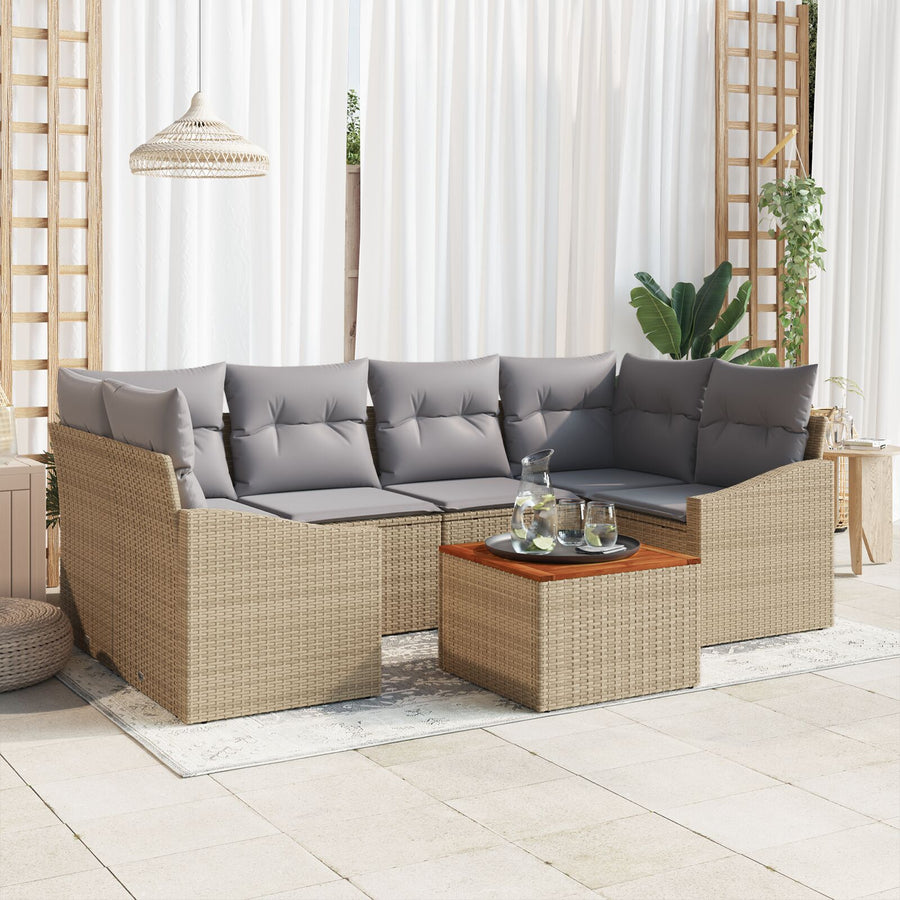7-Delige Tuin Sofa Set Met Kussens Beige Poly Rattan Acacia