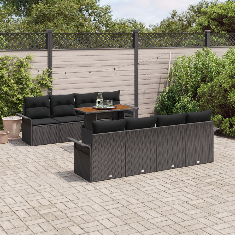 9 Delige Tuin Sofa Set Met Kussens Zwart Poly Rattan Acacia