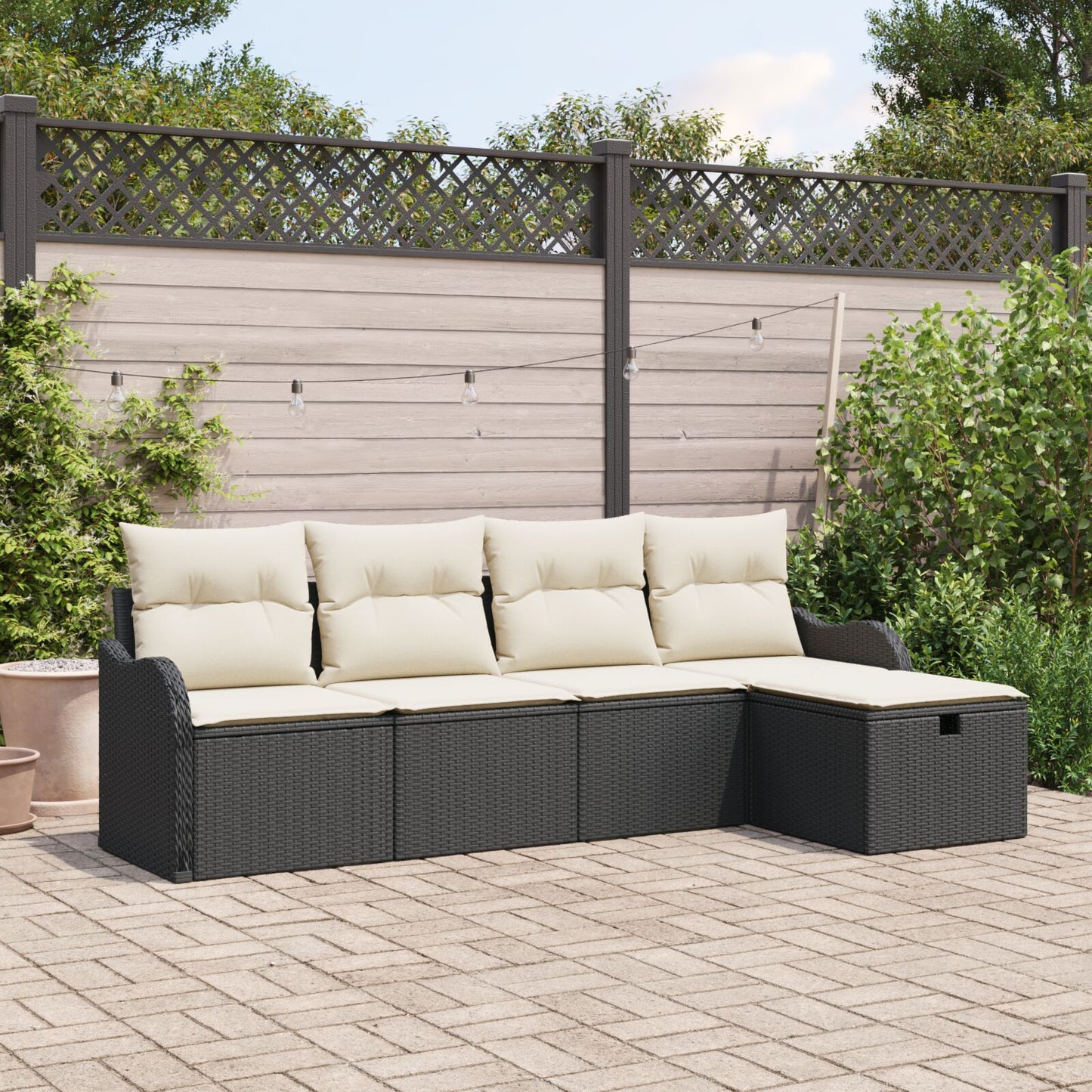 5-Delige Tuin Sofa Set Met Kussens Zwart Poly Rattan, 2-Zitter Tuin Sofa Met Opslag & Kussens Zwart Poly Rattan Wit