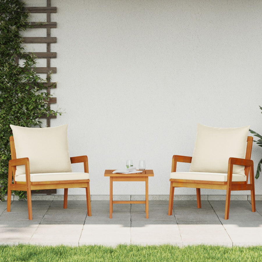 3-Delige Bistroset Met Kussens Van Massief Acaciahout Crème wit 2x stoelen + tafel