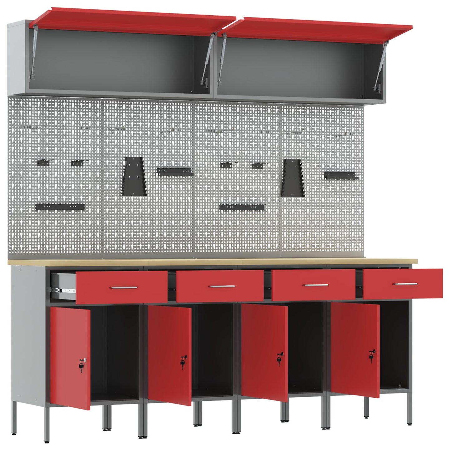 10-Delige Werkcabinet En Pegboard Set Mdf En Metaal 4x (84 cm) Rood 4x kast + 4x pegboard + 2x kast met deur