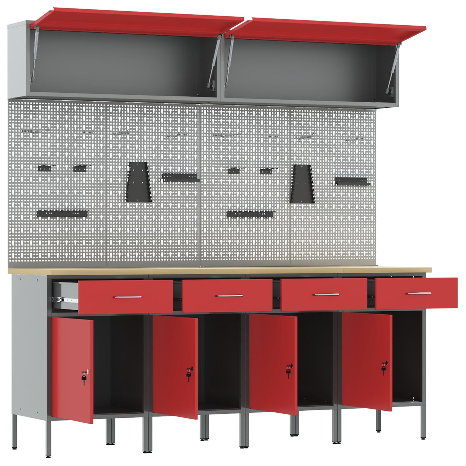 10-Delige Werkcabinet En Pegboard Set Mdf En Metaal 4x (84 cm) Rood 4x kast + 4x pegboard + 2x kast met deur