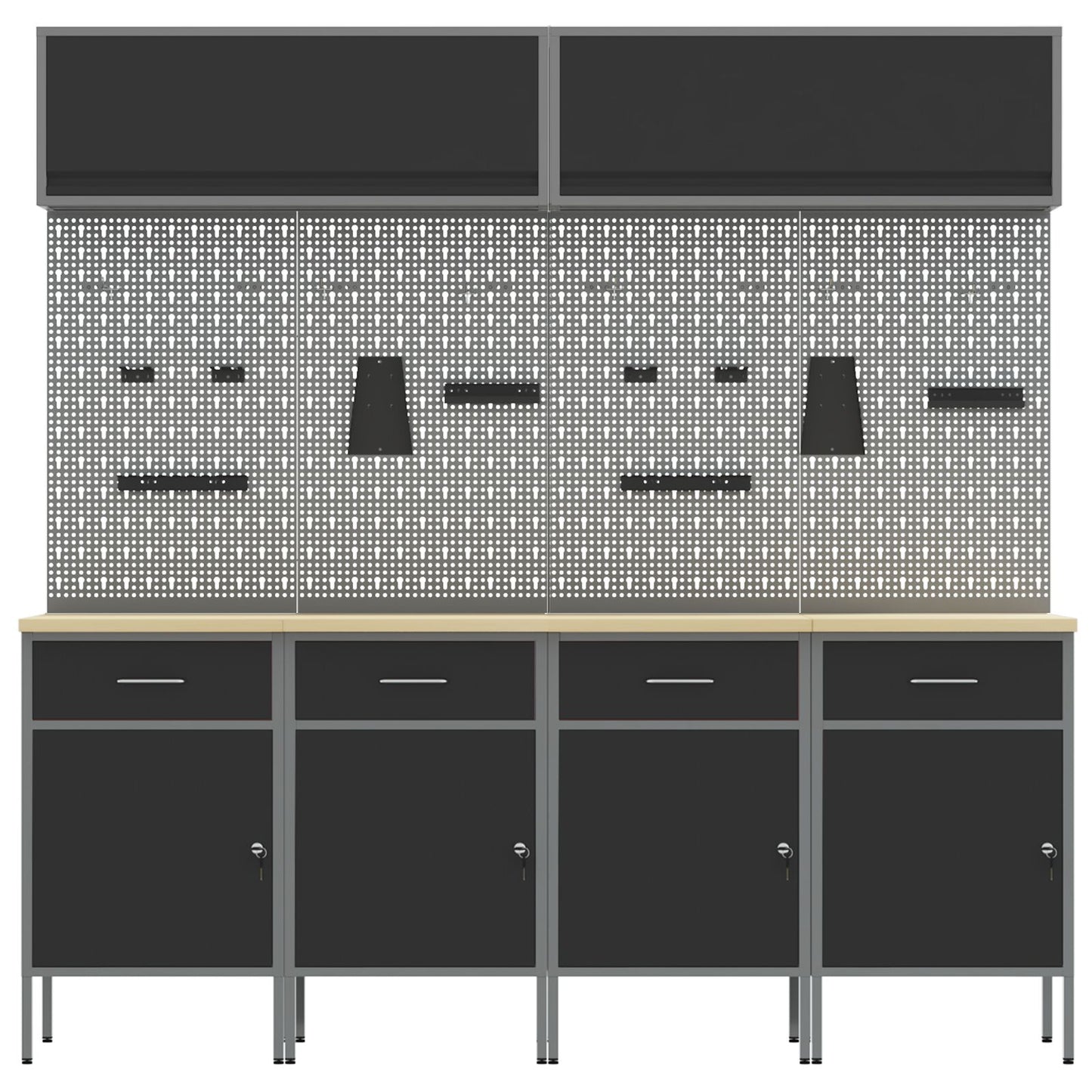 10-Delige Werkcabinet En Pegboard Set Mdf En Metaal 4x (84 cm) Zwart 4x kast + 4x pegboard + 2x kast met deur