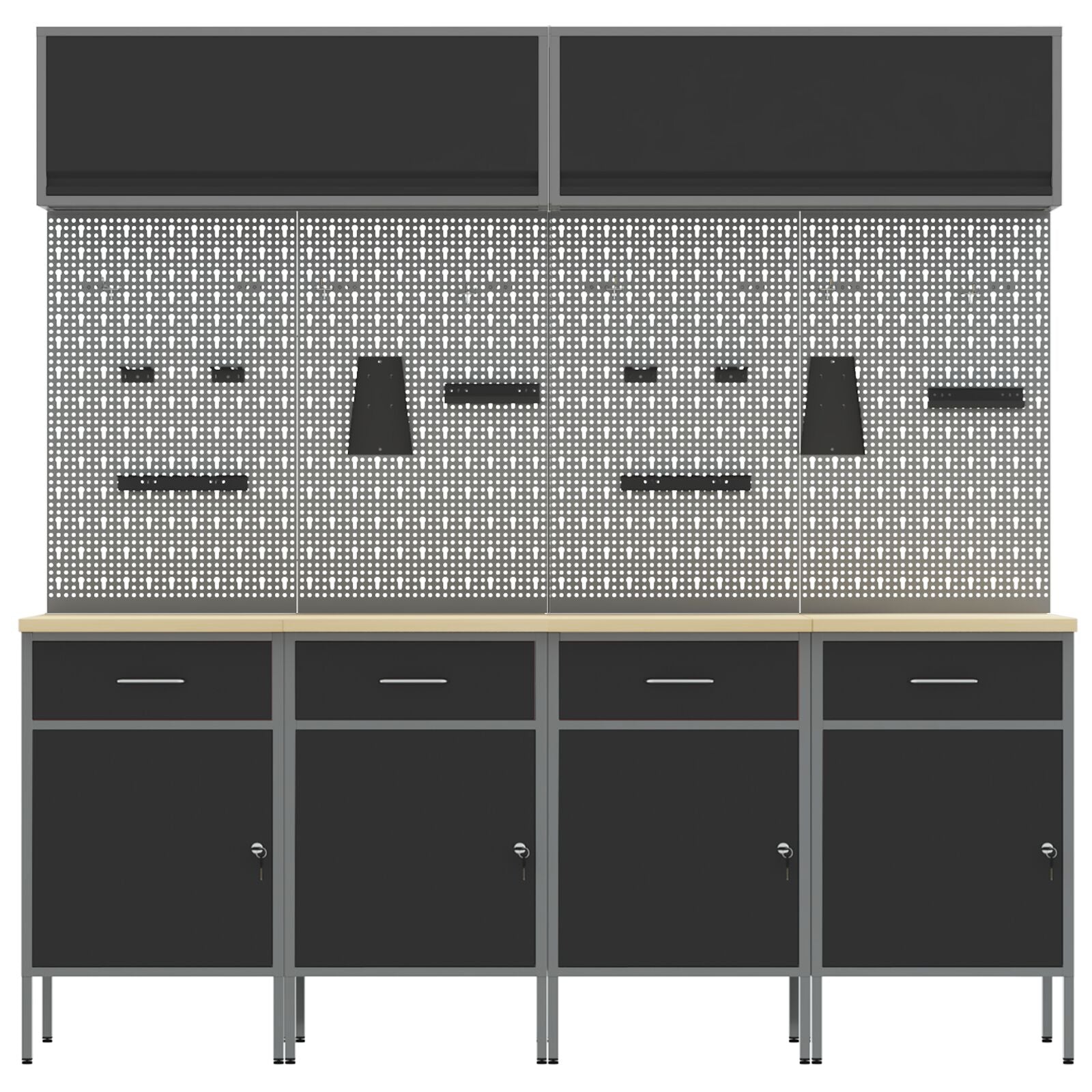 10-Delige Werkcabinet En Pegboard Set Mdf En Metaal 4x (84 cm) Zwart 4x kast + 4x pegboard + 2x kast met deur
