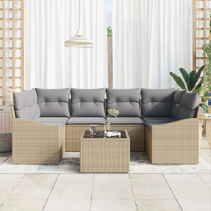 Tuin Sofa Set Set Van 7 Beige Poly Rattan Tuin Eetset Gegalvaniseerd Staal