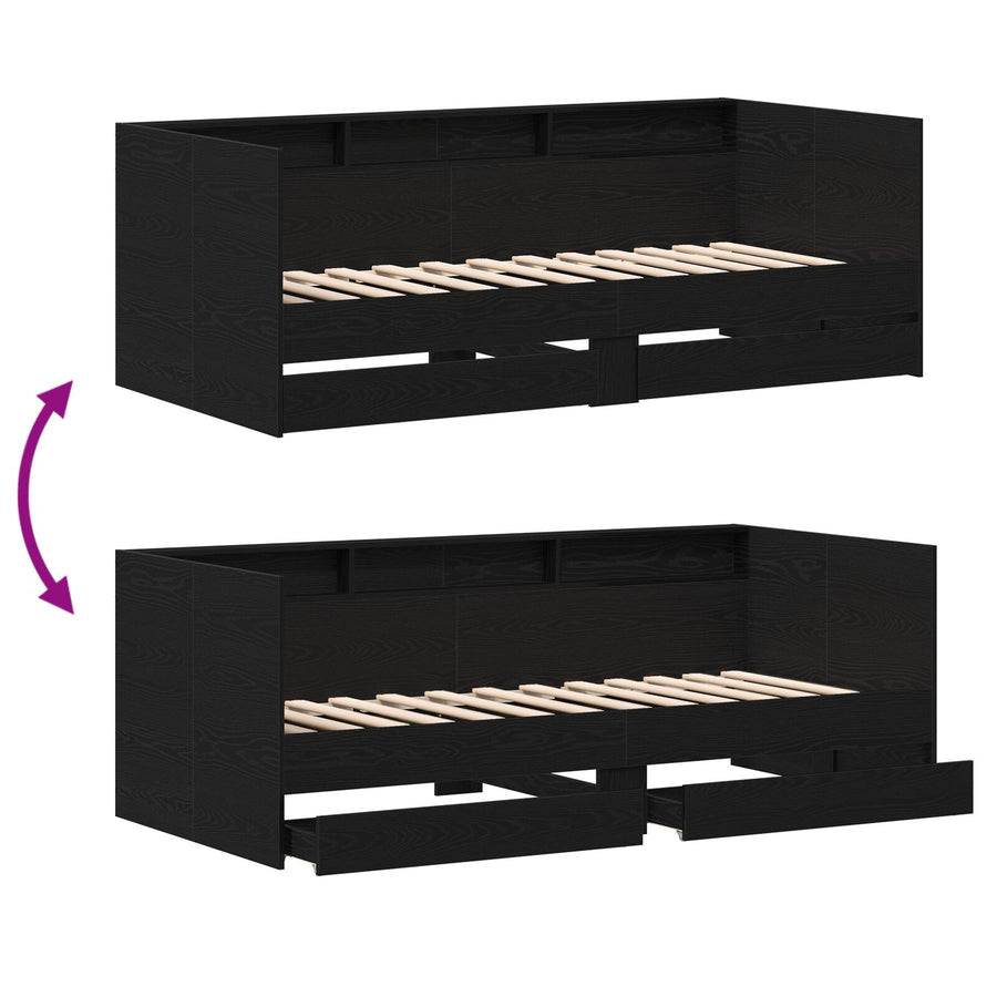Zwart Dagbed Met Lades Zwart Eiken Bewerkt Hout 75 X 190 Cm