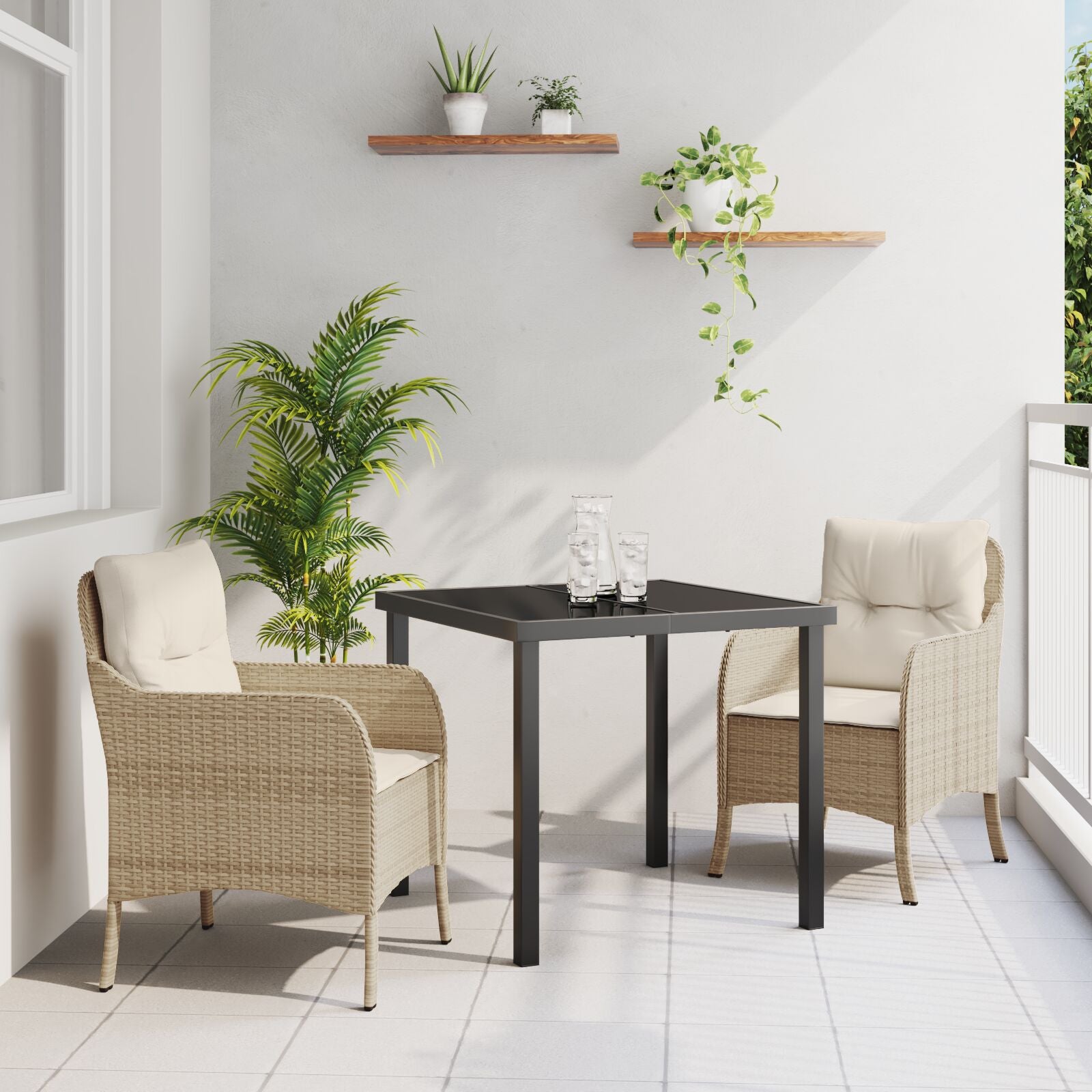 3-Delige Tuin Eet Set Met Kussens Beige Poly Rattan