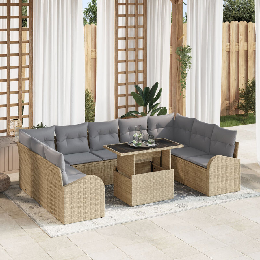 10-Delige Tuin Sofa Set Met Kussens Beige Poly Rattan
