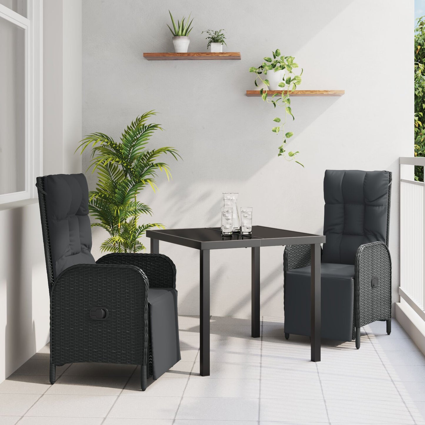 3-Delige Tuin Eettafel Set Met Kussens Zwart Poly Rattan