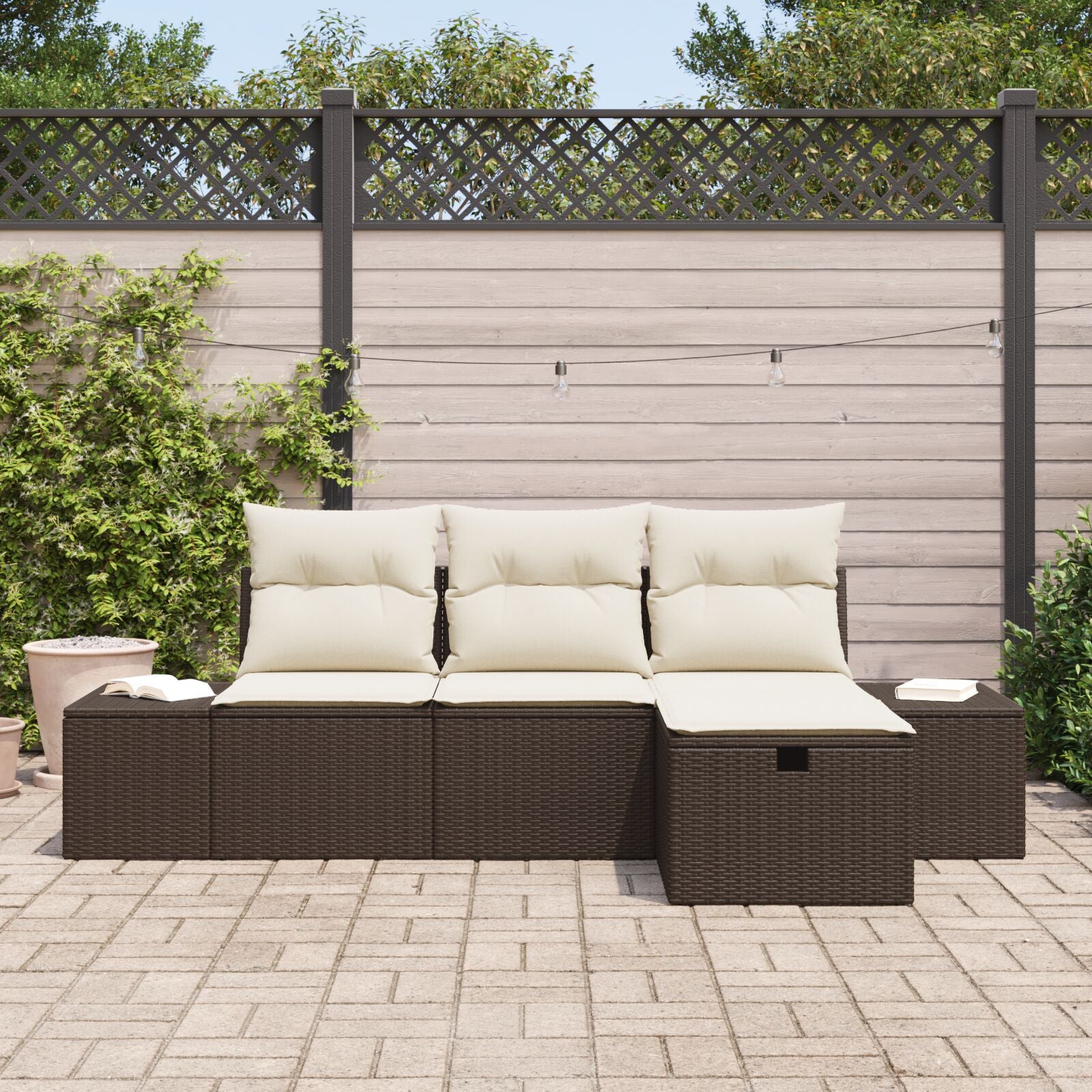 4-Delige Tuinbankset Met Kussens Bruin Poly Rattan