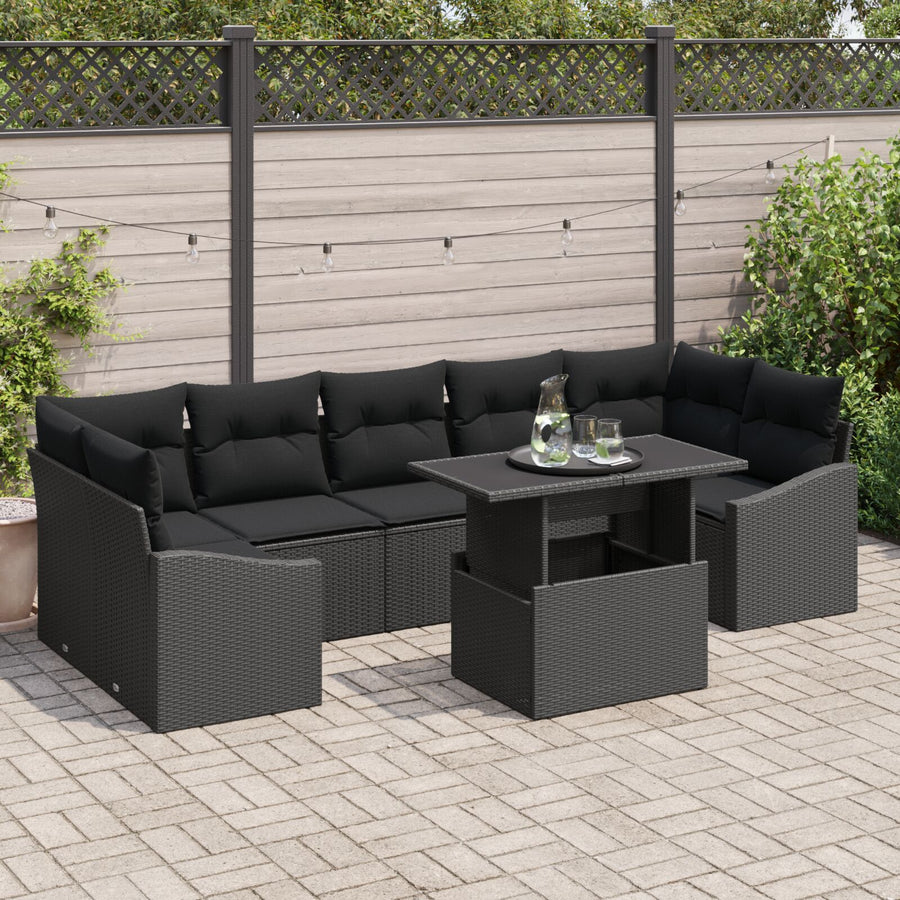 Tuinbank Set Set Van 8 Zwart Rattan En Polyester Buiten Tafel