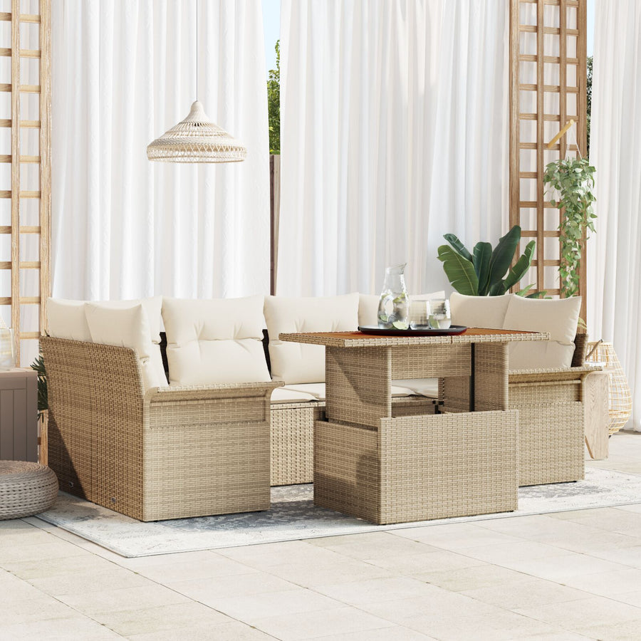 7-Delige Tuinsofa Set Met Kussens Beige Poly Rattan Acacia