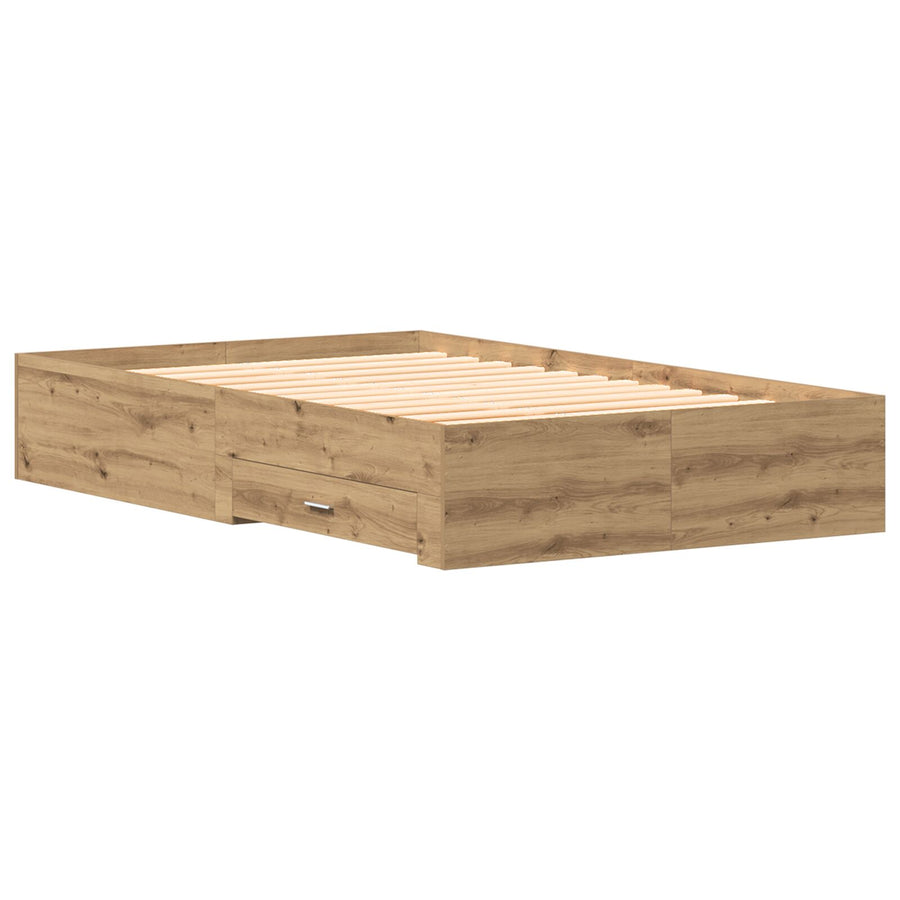 Bedframe Met Lades Artisan Eiken 120X200 Cm Bewerkt Hout Ambachtelijk Eiken