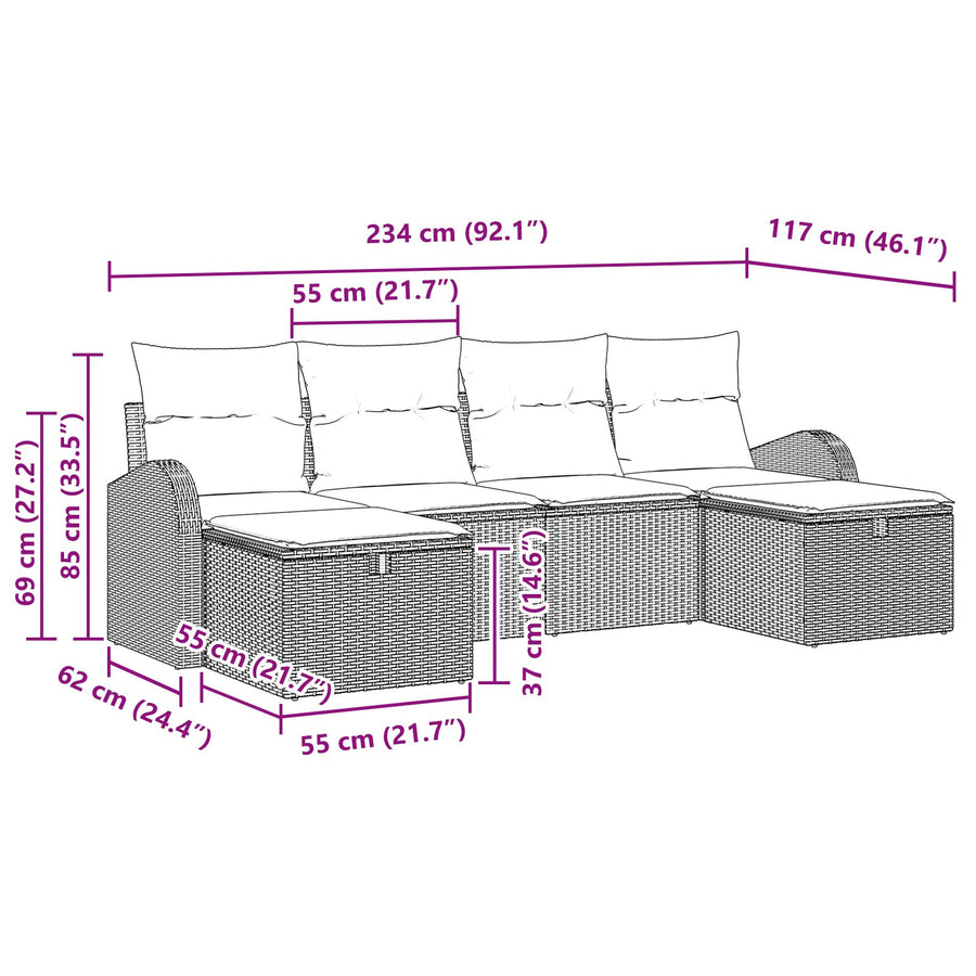 6 Delige Tuin Sofa Set Met Kussens Beige Poly Riet