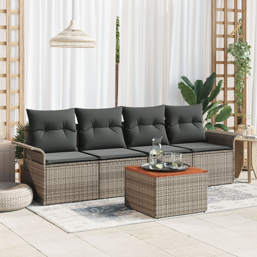 5-Delige Tuinbankenset Met Kussens Grijs Poly Rattan Acacia