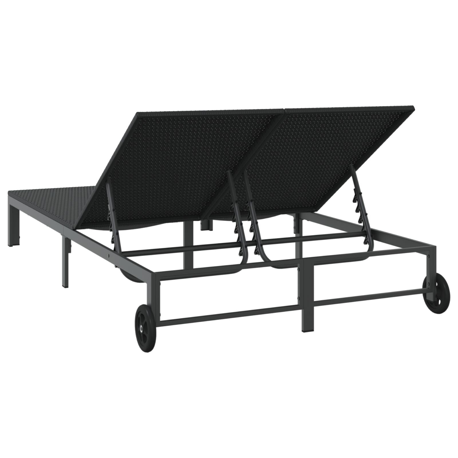 Zonnebed Met Kussens En Wielen Voor 2 Personen Poly Rattan Zwart 200 x 109 x 27,5 cm