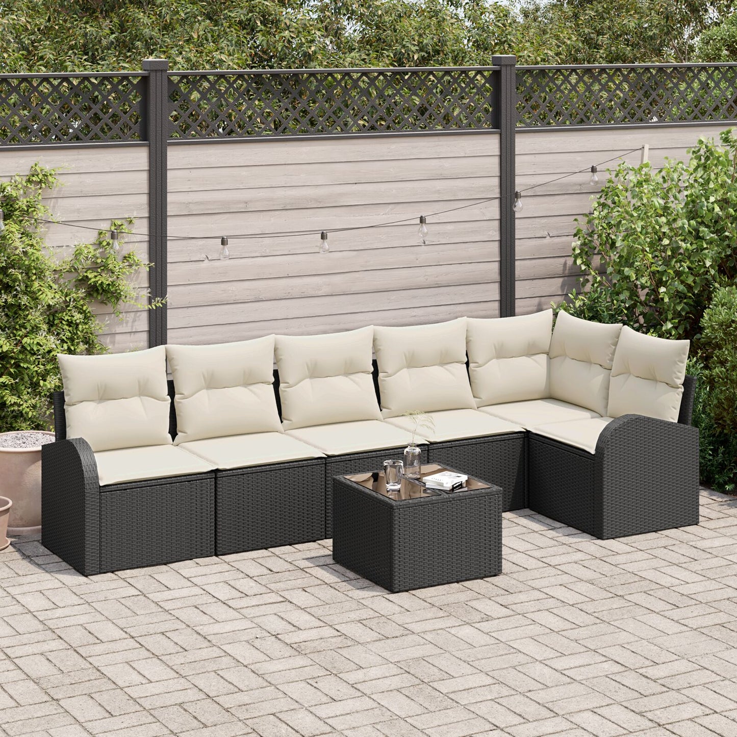 6-Delige Tuin Sofa Set Met Kussens Bruine Poly Rattan Zwart en crème met tafel