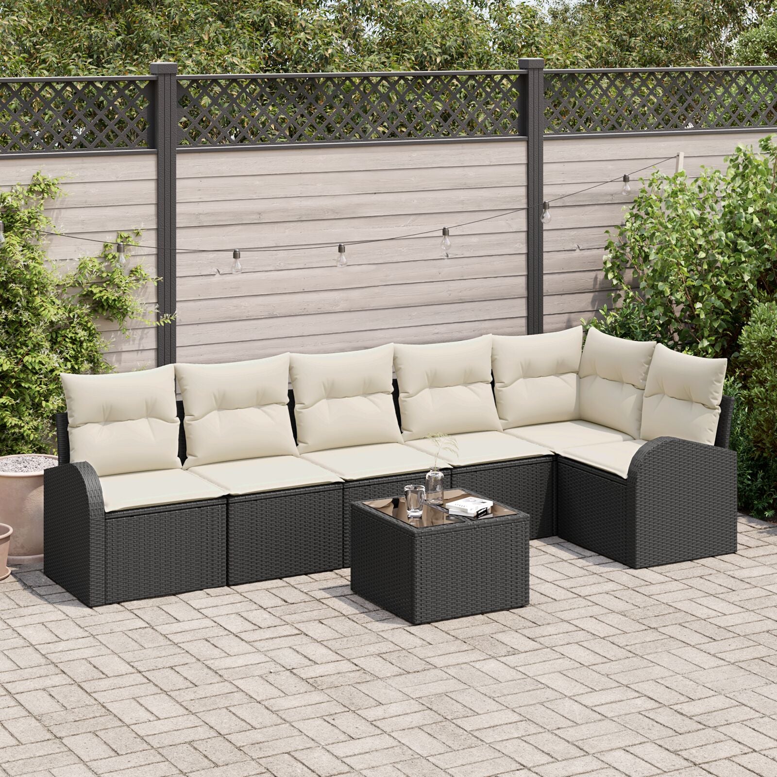 6-Delige Tuin Sofa Set Met Kussens Bruine Poly Rattan Zwart en crème met tafel