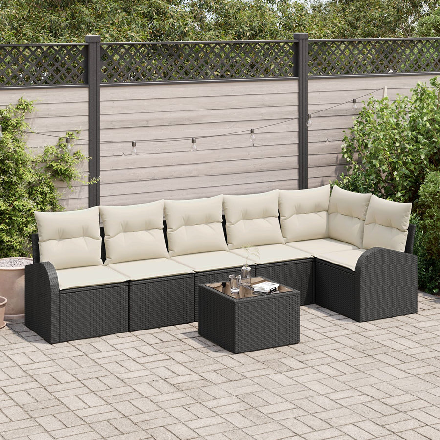 6-Delige Tuin Sofa Set Met Kussens Bruine Poly Rattan Zwart en crème met tafel