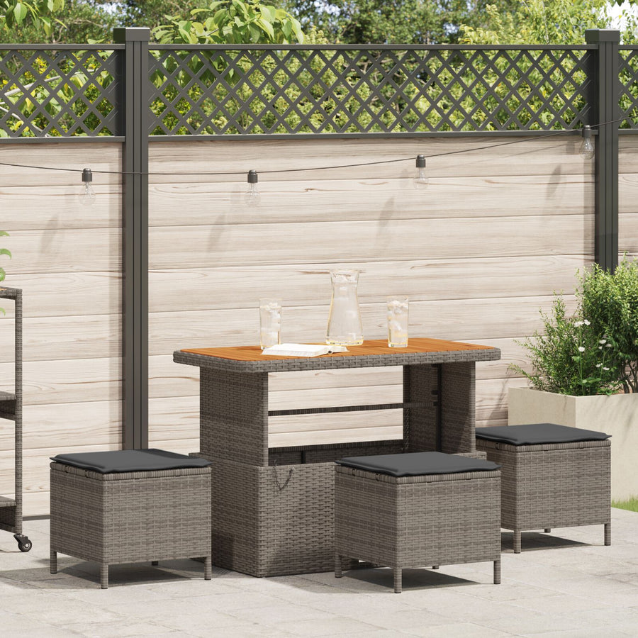 4-Delige Tuin Eetset Met Kussens Poly Rattan Acacia 110 cm Grijs 3 krukken