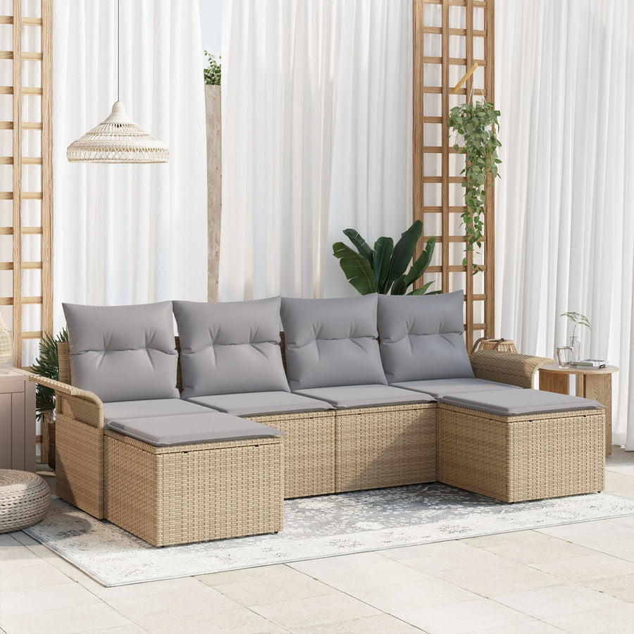 6-Piece Tuinbankset Met Kussens Beige Poly Rattan