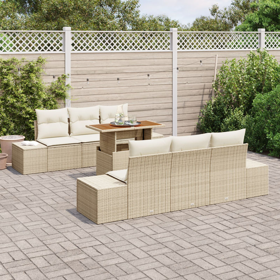 Tuinbank Set Set Van 7 Beige, Crème Riet, Stof Buiten Eettafel