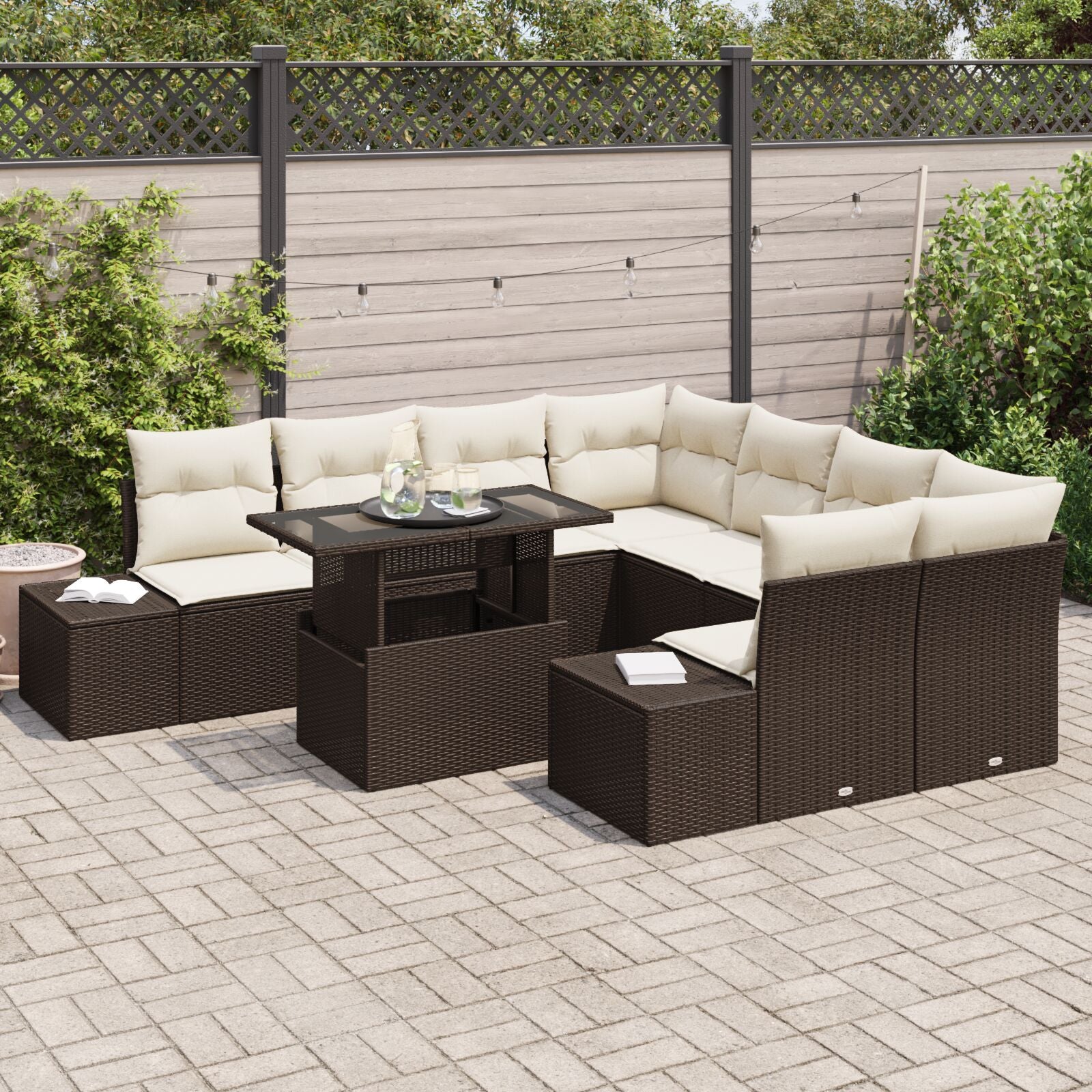 9-Delige Tuinsofa Set Bruin Rattan Met Opslag Rechthoekig