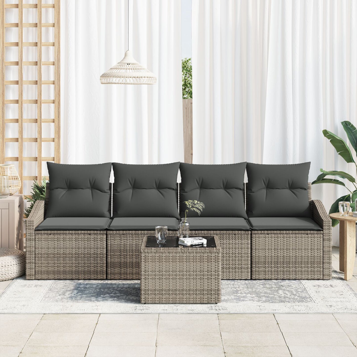 5 Delen Tuin Eetset Met Kussens Grijs Poly Riet Gegalvaniseerd Staal
