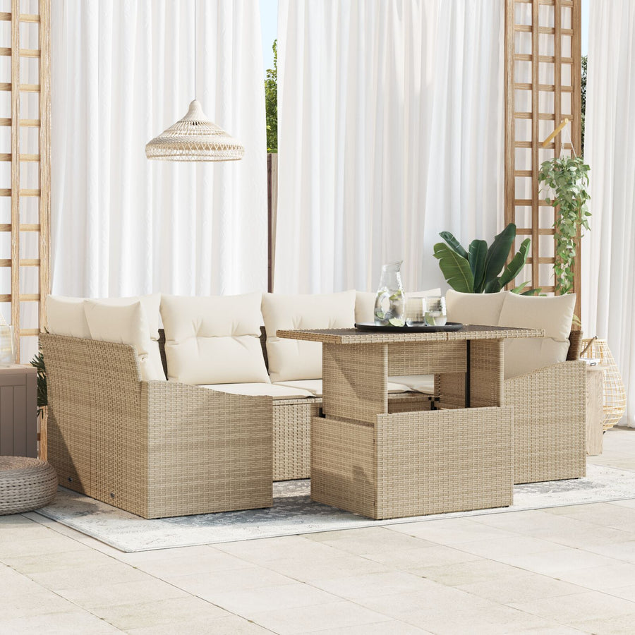 7 Delige Tuin Sofa Set Met Kussens Beige Poly Rattan