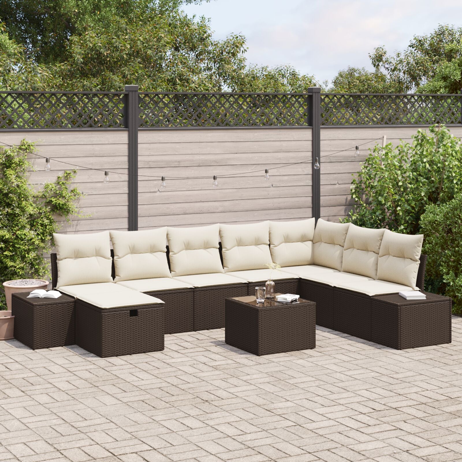 9-Delige Tuinbankset Met Kussens Bruin Poly Rattan Wit