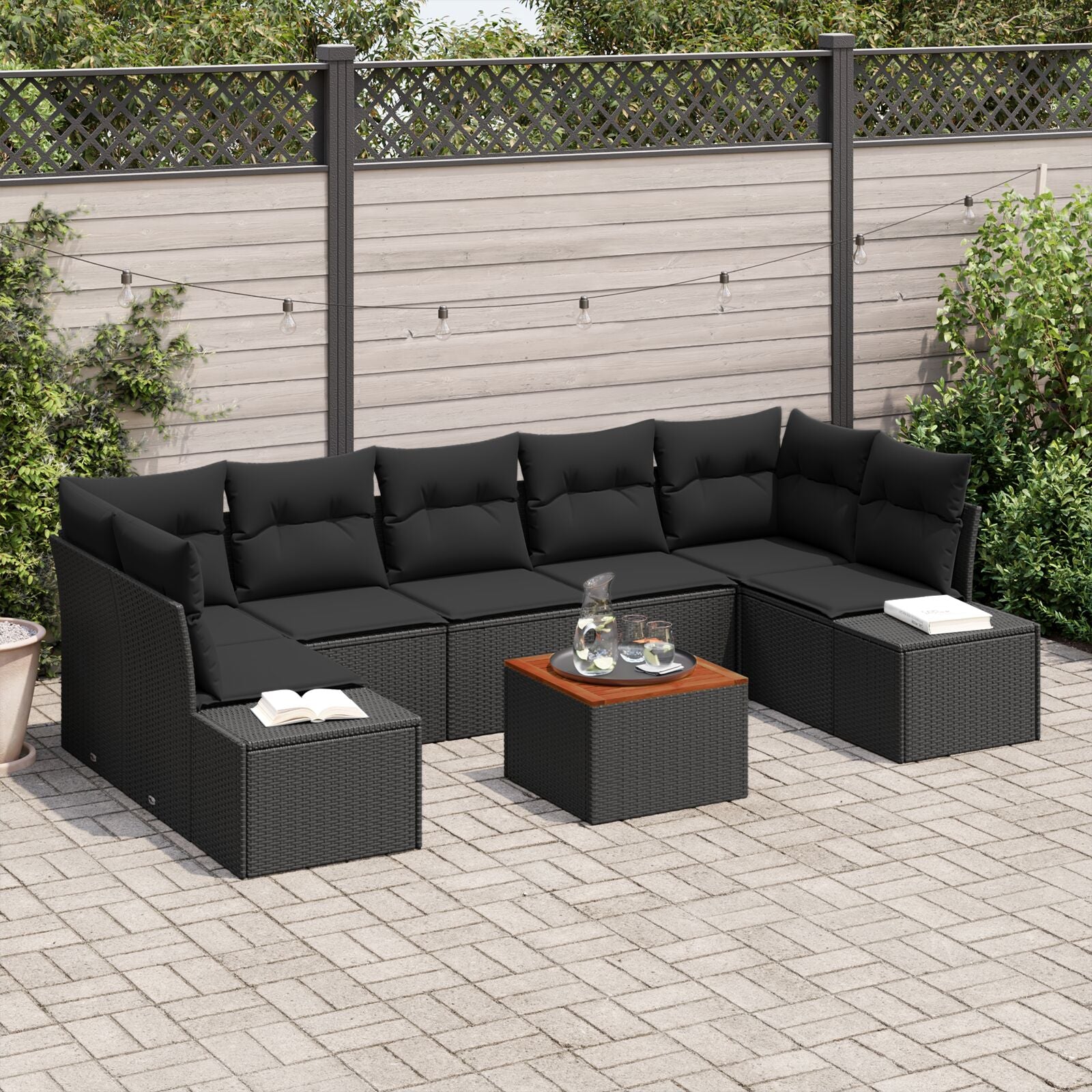 8-Delige Tuin Sofa Set Met Kussens Zwart Poly Rattan Acacia