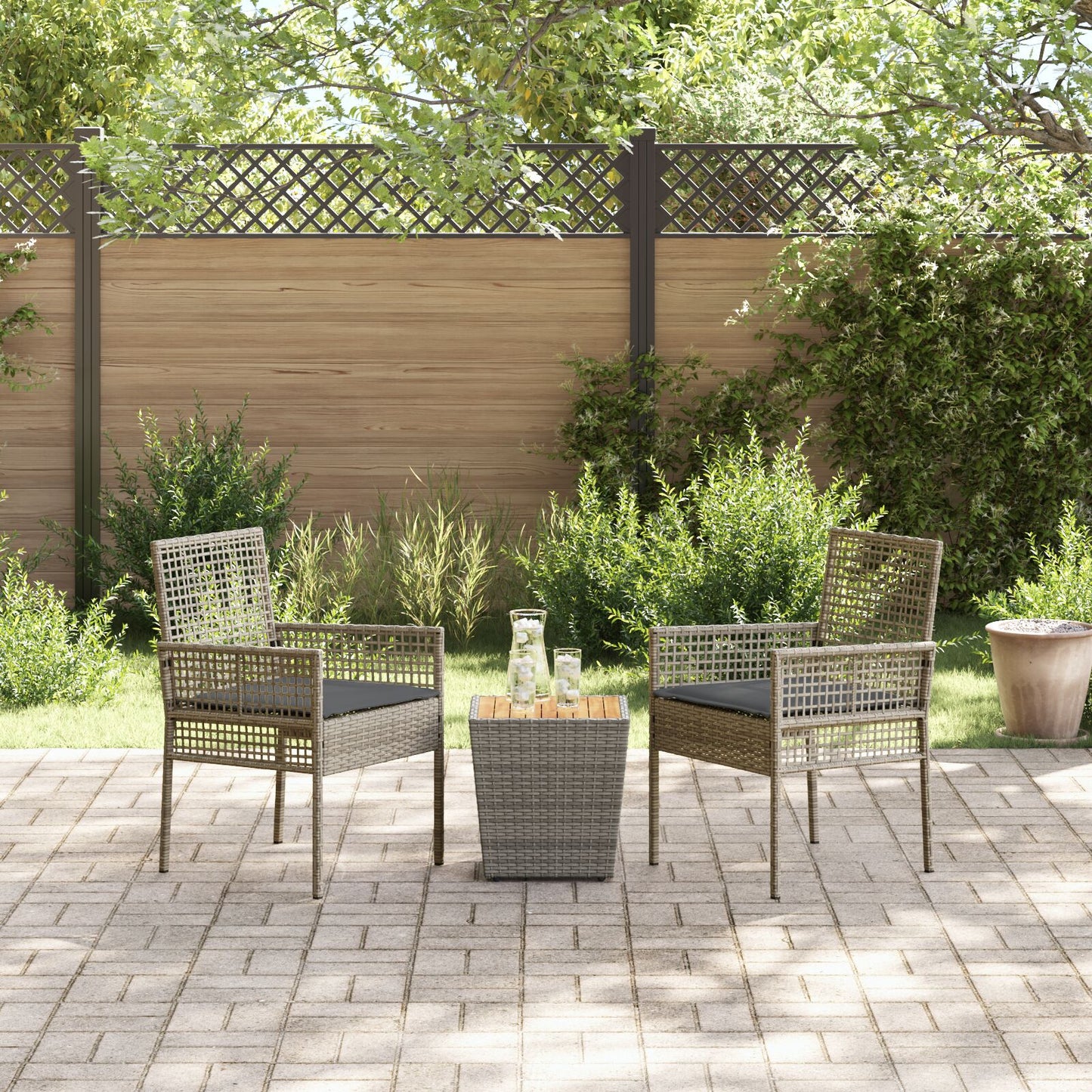 3-Delige Tuin Bistroset Met Kussens Grijs Poly Rattan