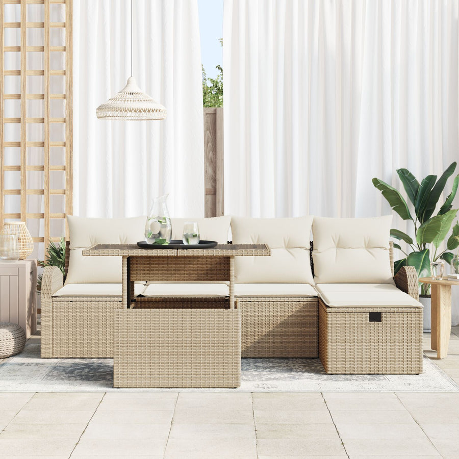 6 Delige Tuin Sofa Set Met Kussens Beige Poly Rattan