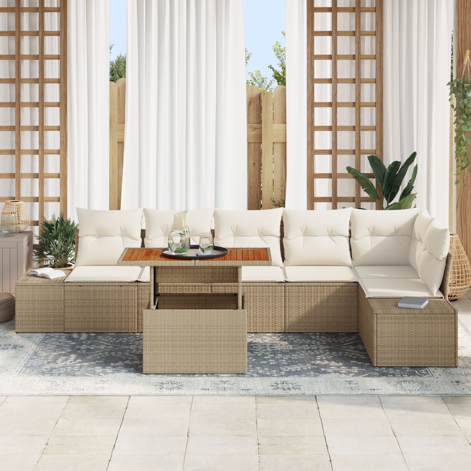 7-Delige Tuin Eetset Met Kussens Beige Poly Rattan Acacia