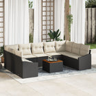 Garden bench set with cushion 10 pcs Black poly rattan