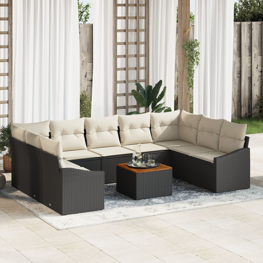 10-Delige Tuin Sofa Set Met Kussens Zwart Poly Rattan Acacia