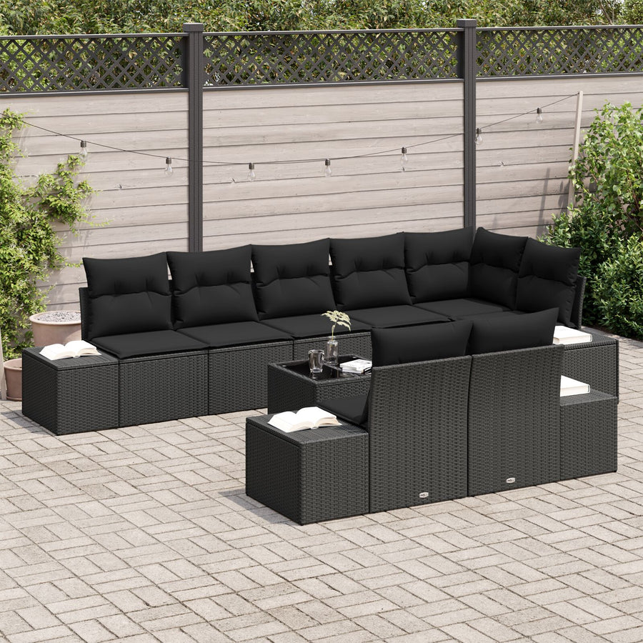 9-Delige Tuin Sofa Set Met Kussens Beige Poly Rattan Zwart met tafel