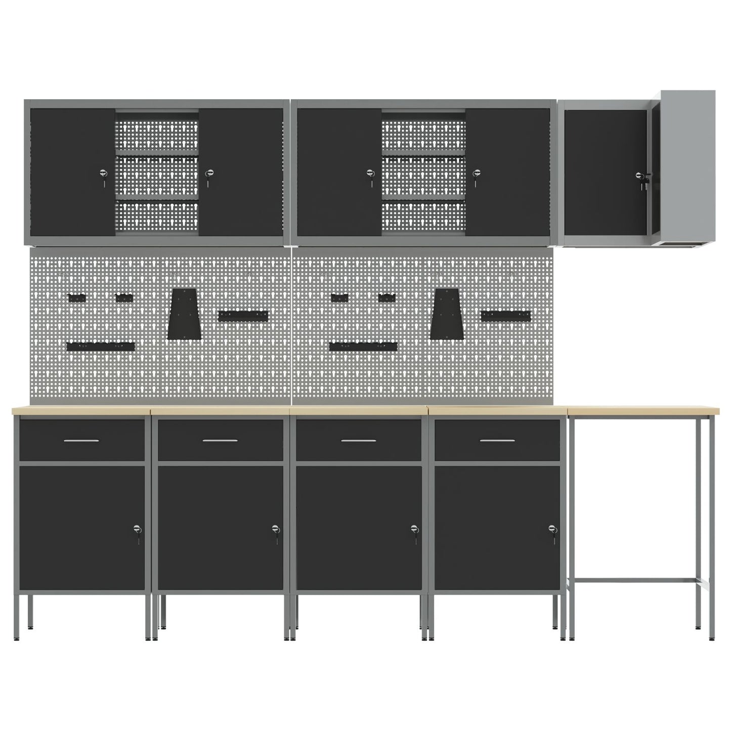 12-Delige Werkplaatskast En Pegboard Set Mdf En Metaal 4x (84 cm) Zwart Tafel + 7x kast + 6x pegboard