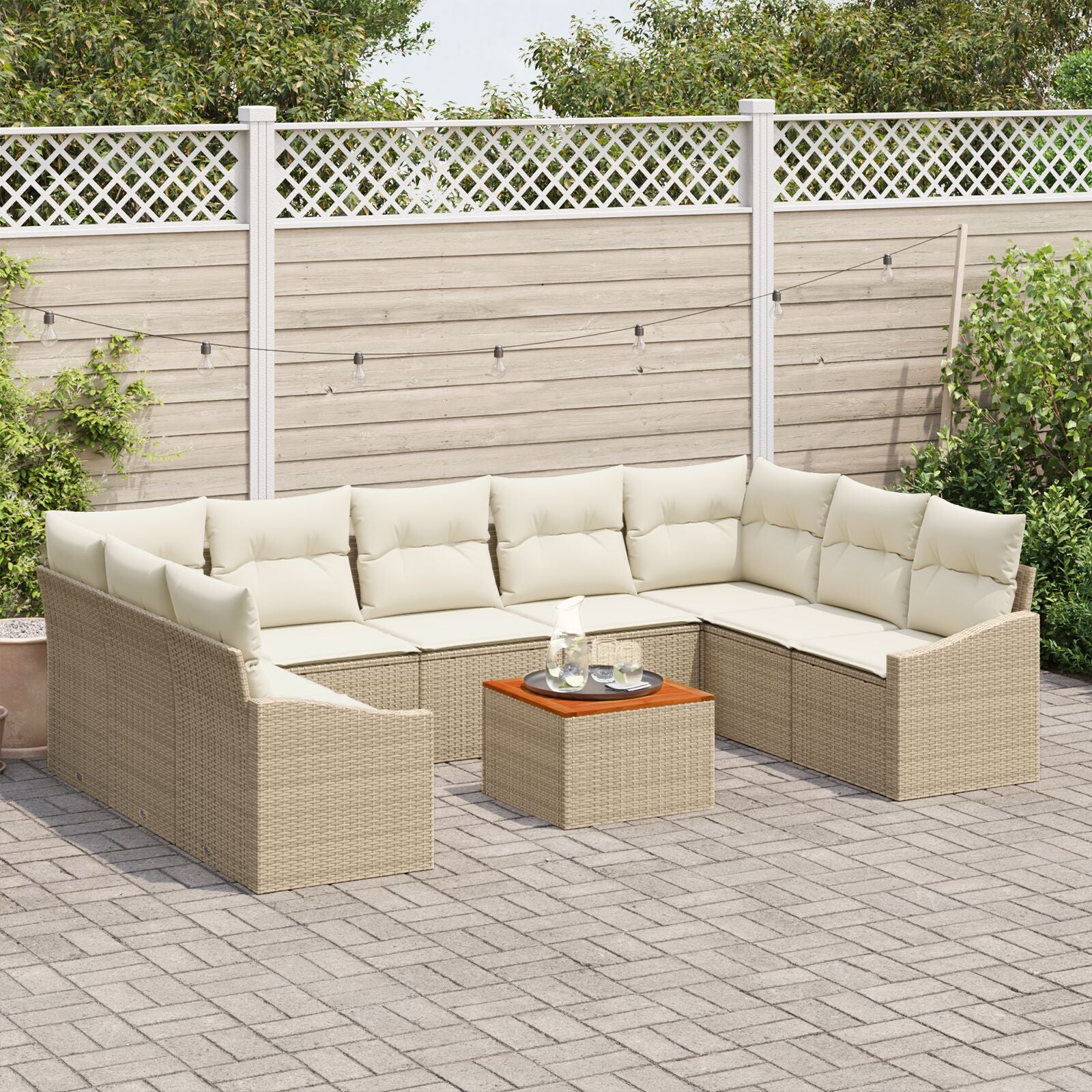 10-Delig Tuinsofa Set Met Kussens Beige Poly Rattan Acacia