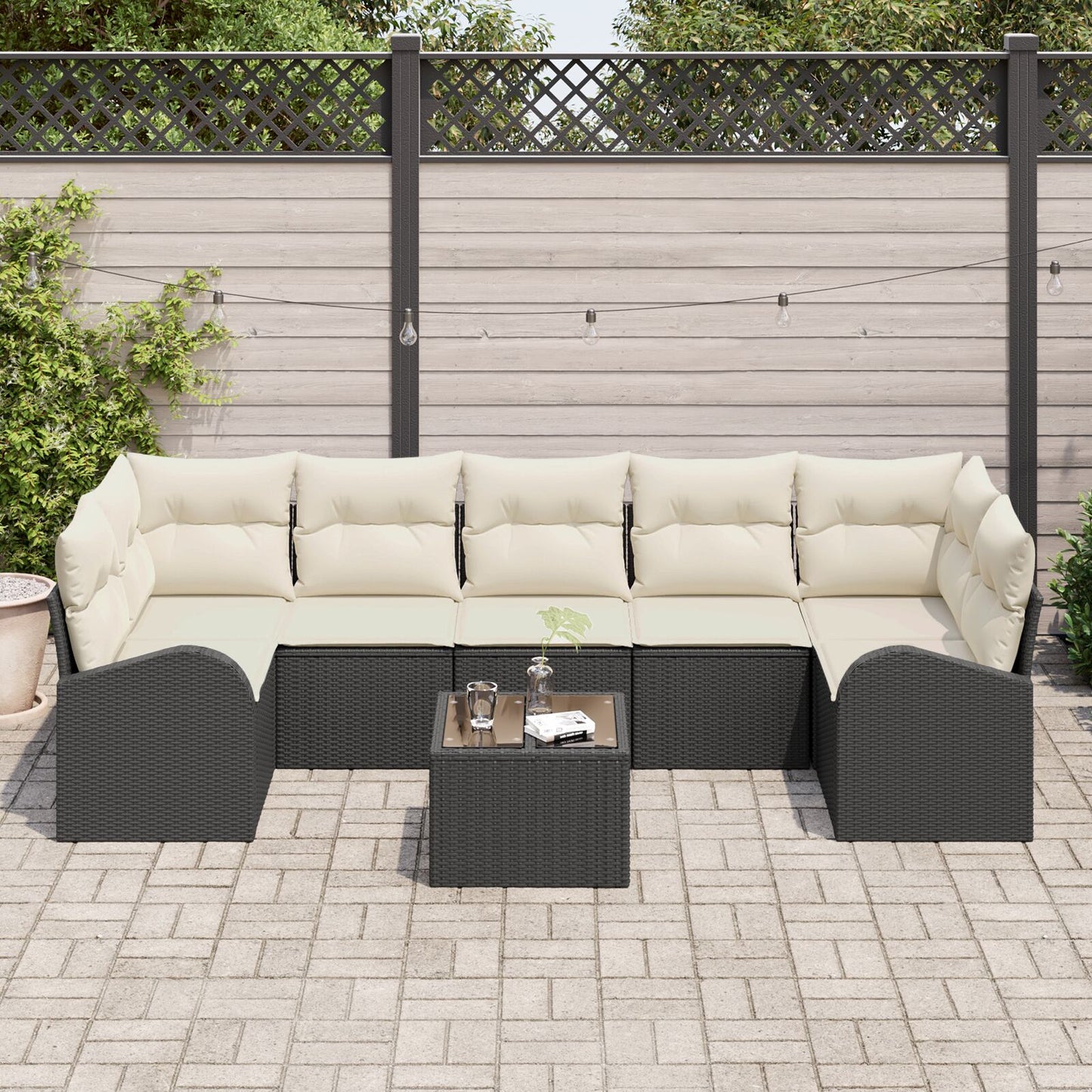 8-Delige Tuinbankset Met Kussens Zwart Poly Rattan