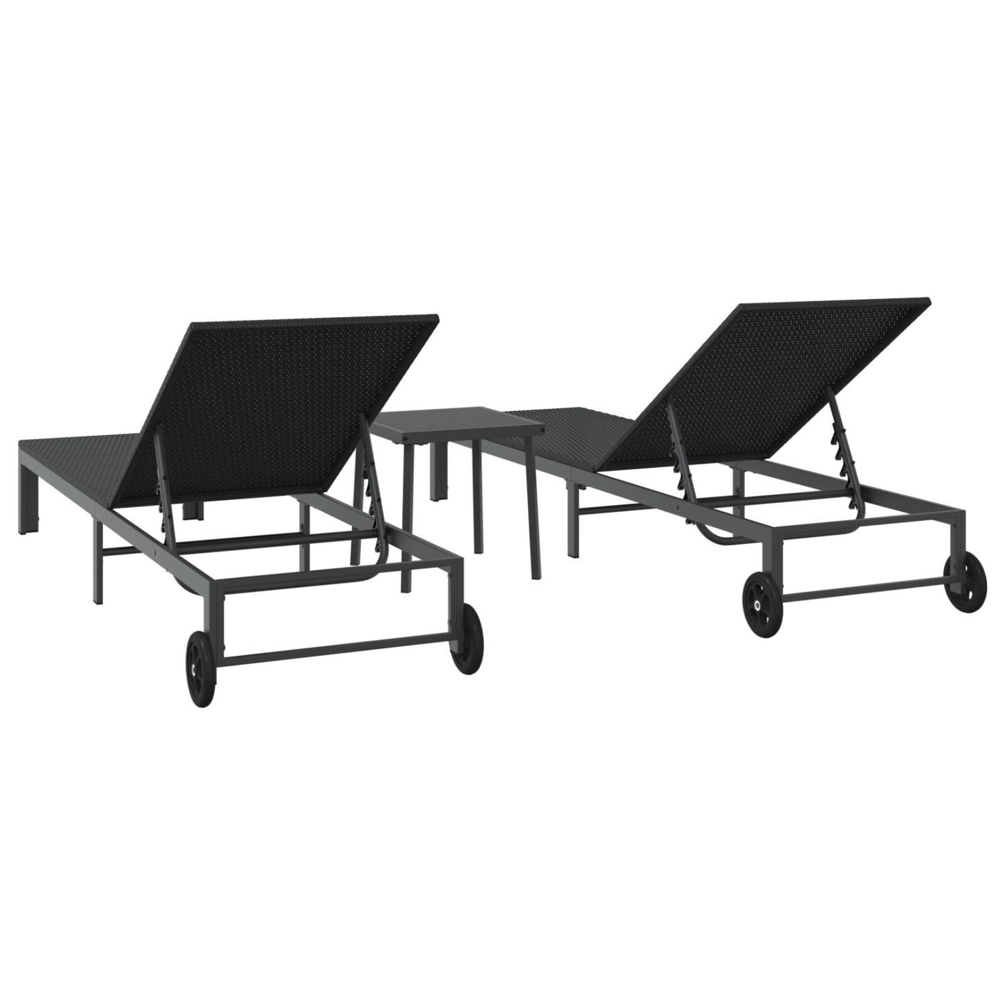 Zonnebedden 2 Stuks Met Wielen En Tafel Poly Rattan Zwart