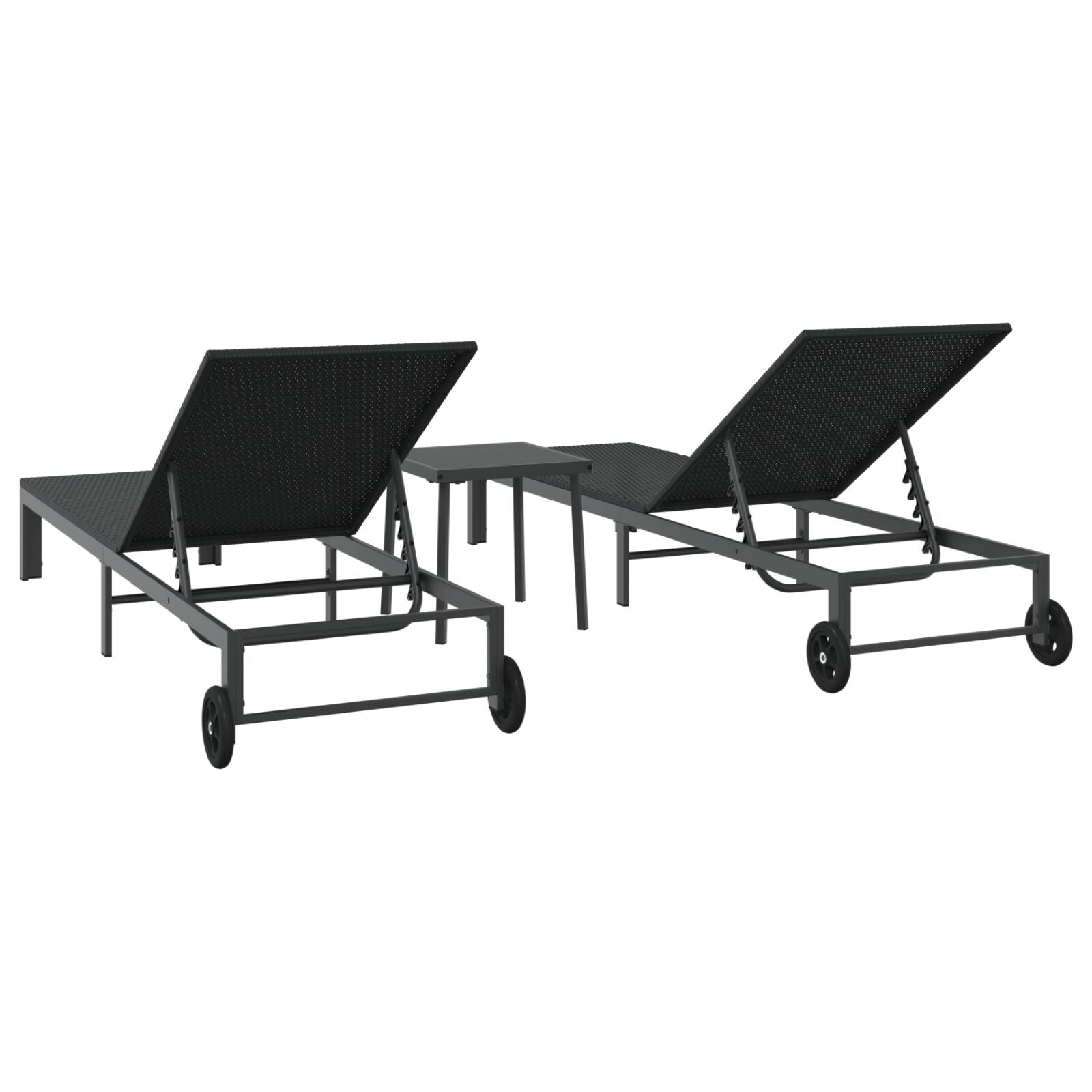 Zonnebedden 2 Stuks Met Wielen En Tafel Poly Rattan Zwart