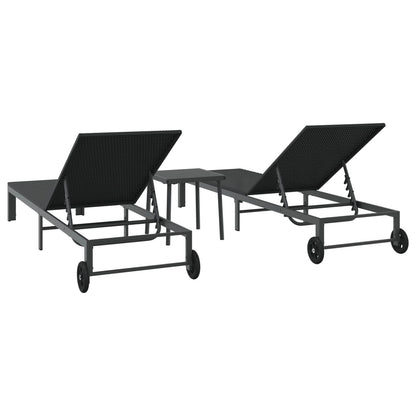 Zonnebedden 2 Stuks Met Wielen En Tafel Poly Rattan Zwart